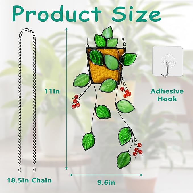 Royxen Stained Glass Window Hanging, Sun Catcher, Suncatchers for Windows Hanging, Green Plants with Yellow Pot