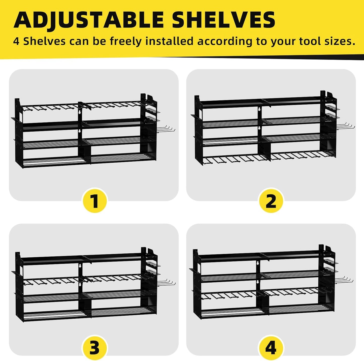Power Tool Organizer Wall Mount with 8-Drill Holders-600Lbs Load Heavy Duty Metal 4-Layers Garage Storage & Organization Battery Tools Rack with Side Panels Utility Racks Workshop Gifts for Men