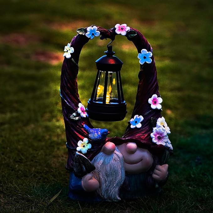 Outdoor Couple Gnome Decorations with Solar Light Lantern Double Cute Gnomes Resin Statues Outdoor Decor Gifts for Valentine's Day Anniversary(Couple Gnome)