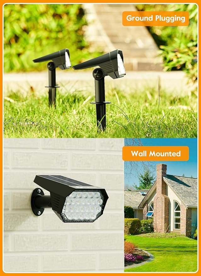Brightown Solar Lights Outdoor Waterproof IP67, [Cool & Warm Light 2-in-1] Solar Spot Lights Outdoor, 2 Colors 3 Brightness Levels LED Outdoor Solar Lights for Yard Pathway Garden House, 2 Pack