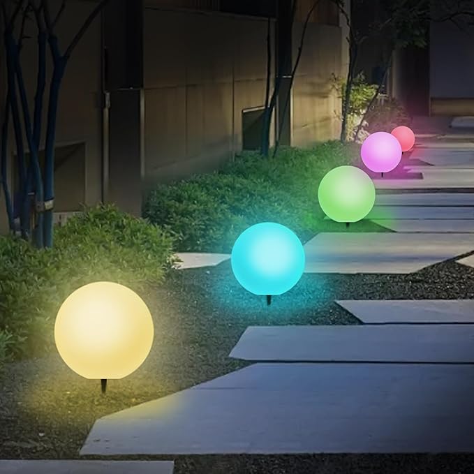 LOFTEK Solar Ball Lights with Ground Stake, RGBW Colors Changing Mood IP65 Waterproof Rechargeable Night Lights - Outdoor Solar Lights for Lawn Patio Yard Walkway, 8-inch