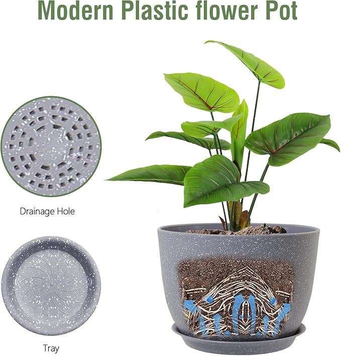 Plant Pots 12 inch, Plastic Planters with Drainage Holes and Saucers, Large Flower Pots for Indoor Outdoor Plants, Modern Decorative Pots for Garden House Plants, Speckled Grey