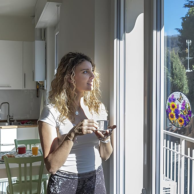 Butterfly Sunflower Stained Glass Suncatchers - Handcrafted Round Glass Art for Windows & Doors Décor - Decoration for Home Garden Christmas Party Wedding Housewarming Gifts