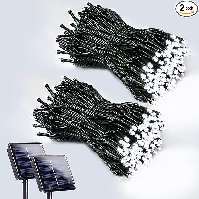 EEW 2-Pack 200 LED Solar String Lights for Outside, Solar Christmas Lights with 8 Lighting Modes, Waterproof Green Wire Solar String Lights Outdoor for Tree Xmas Party Garden Decorations (Cool White)