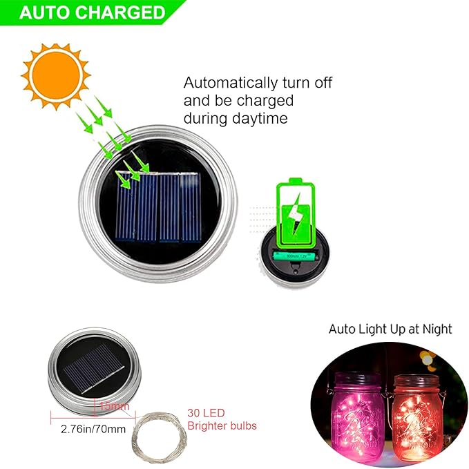 Solar Mason Jar Lid Lights, 10 Pack 30 LED Waterproof String Fairy Star Firefly Jar Lids Lights with Hangers for Patio Garden Yard Lawn Party Wedding Christmas Decoration (Jars Not Included)
