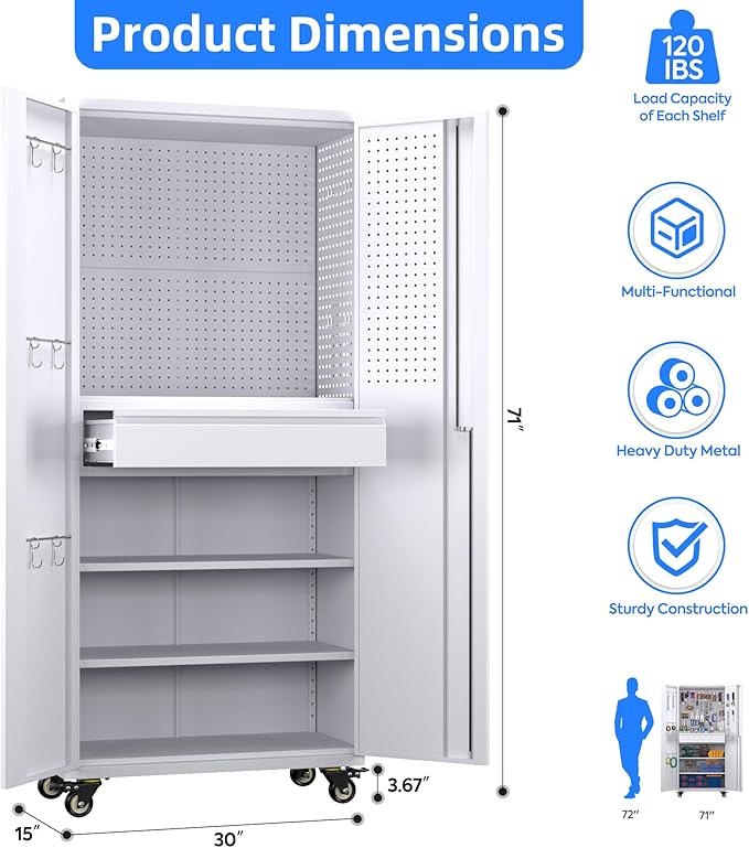 Metal Garage Cabinet with Wheels,71''H Rolling Lockable Steel Tool Cabinet with Pegboard & Drawer for Garage,Home,Office Assembly Required,White