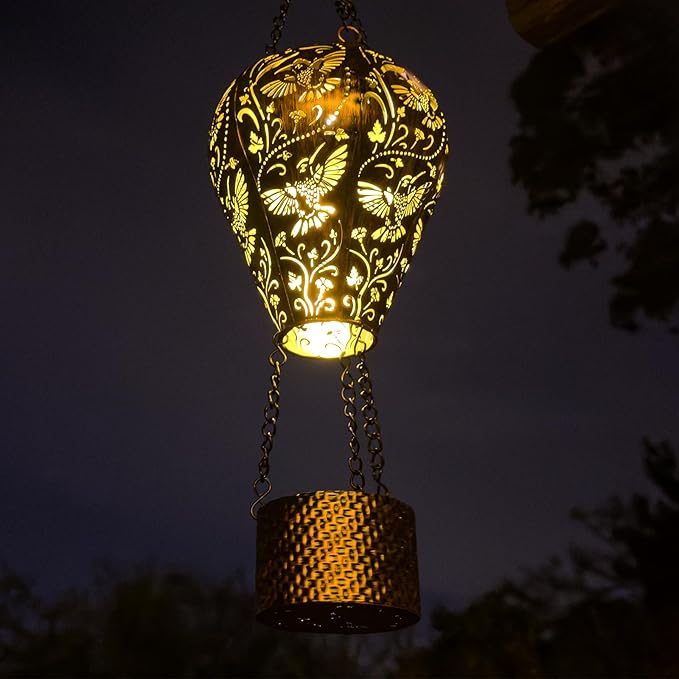 2-Pack Hummingbird Decor Hot Air Balloon Solar Lantern – Outside Decorative Hanging Light for Garden Yard Patio Porch Lawn and Pathway – Unique Housewarming, Birthday Gift for Women Mom Grandma
