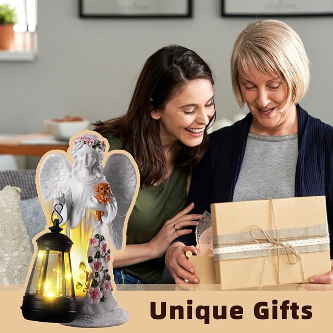 Solar Garden Decor - Angel Statues with Solar Lantern 8.7" Resin Angel Figurines Outdoor Waterproof Decorations for Yard Patio Lawn Porch Gardening Gift for Women Mother Girlfriend Wife