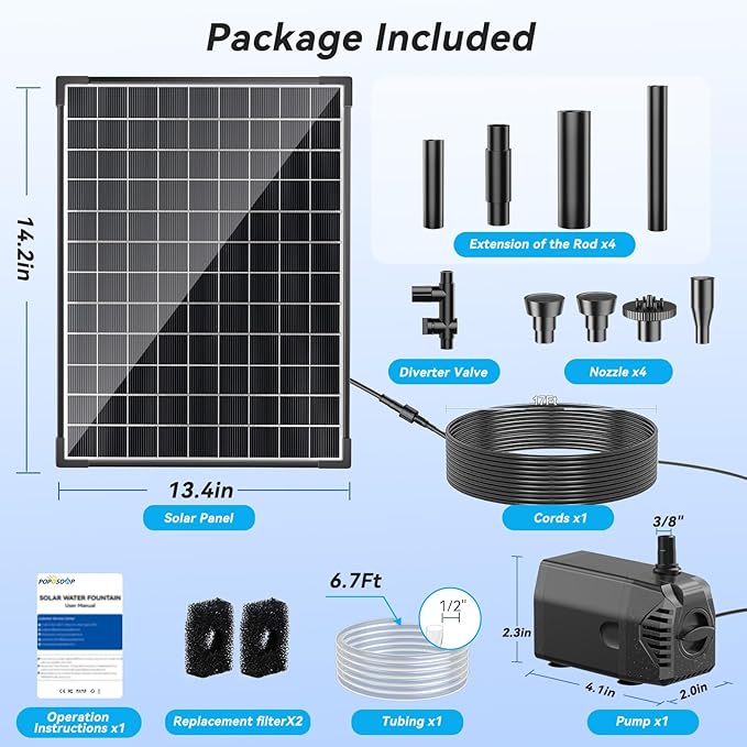 POPOSOAP 25W Solar Water Fountain Pump, Solar Water Pump with Flow Adjustable, Solar Pond Pump Pump with Dry-Run Protection & Diverter Valve for Ponds, Garden, Fish Tank, Waterfall, Hydroponics