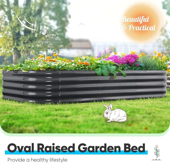 Quictent Galvanized Raised Garden Bed Kit, 8x4x1.5 ft Oval Metal Planter Box Tall for Vegetables Outdoor Backyard, Rubber Strip Edging Included (Dark Gray)