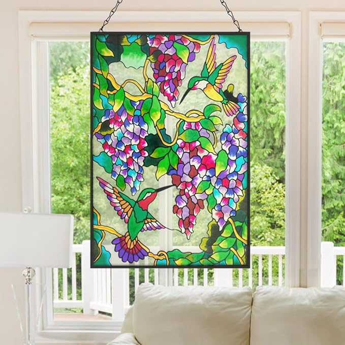VEWOGARDEN Hummingbird Stained Glass Window Hangings 10" W x 15" H Bird Suncatcher Panel with Chain Windows Hanging Decor Ornament Gift