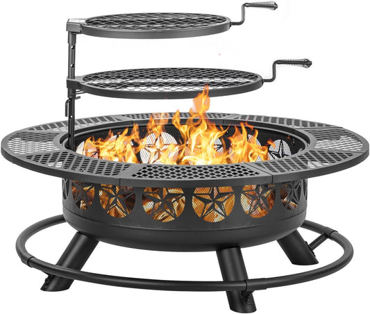 42 Inch BBQ Fire Pit with 2 Grills,3-in-1 Outdoor Round Metal Fire Pit Table with Lid,Fire Poker,Large Outdoor Wood Burning Firepits for Outside,Picnic,Bonfire Backyard Patio(Black)