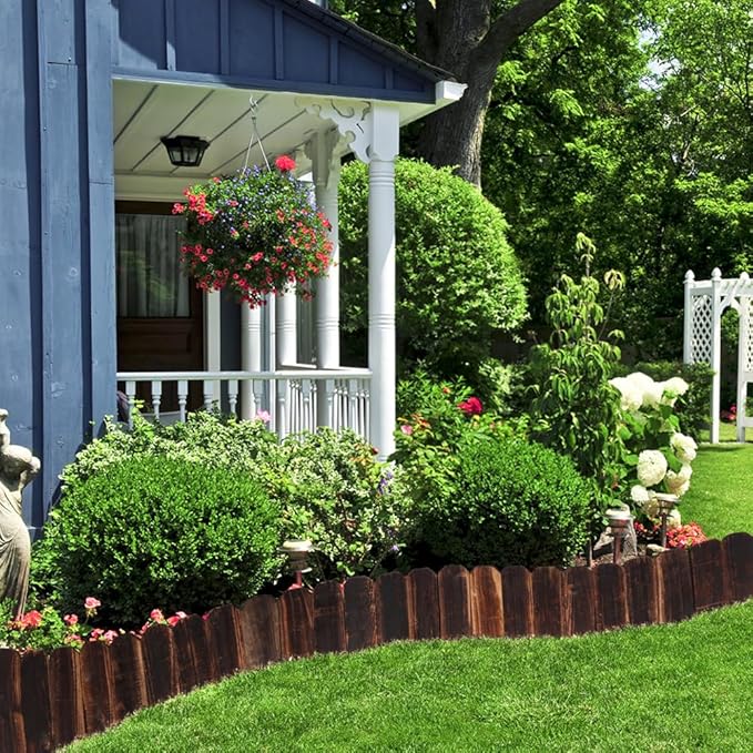 2 Pack Garden Wooden Fence Anti-Corrosive Outdoor Landscape Edging Flexible Decorative Border with a Pair of Gloves for Garden Yard Flower Tree Fence - 7.9'' H x 47'' L