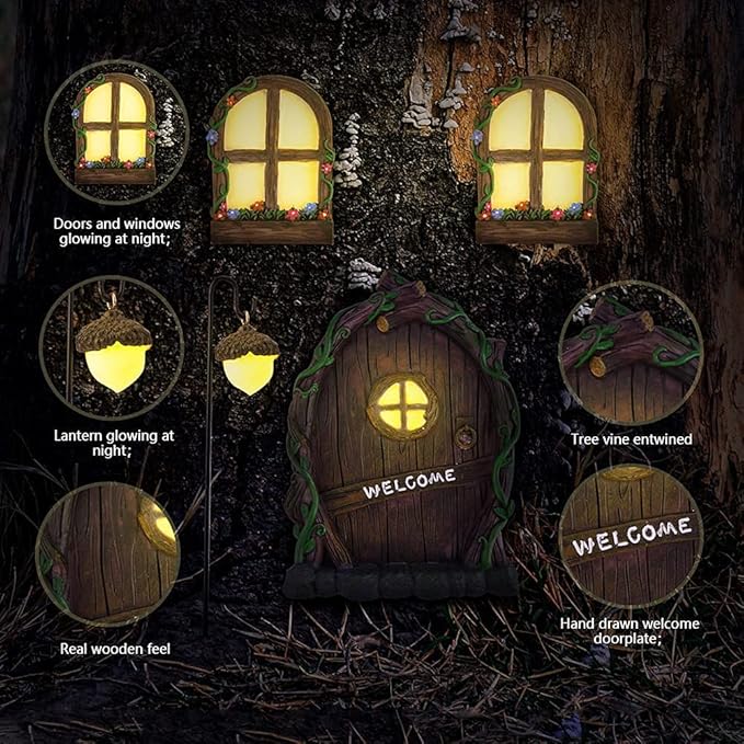 Resin Fairy Door & Window Set with Glow in The Dark Windows, Miniature Sculpture for Trees, Outdoor Decor Accessories