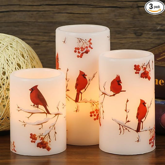 Cardinal Flameless Candles, 3 Pack LED Flickering Pillar Candles with Red Bird Decals, Real Wax Cardinal Home Decor for Halloween Christmas Decor(D3” x H4”5”6”)