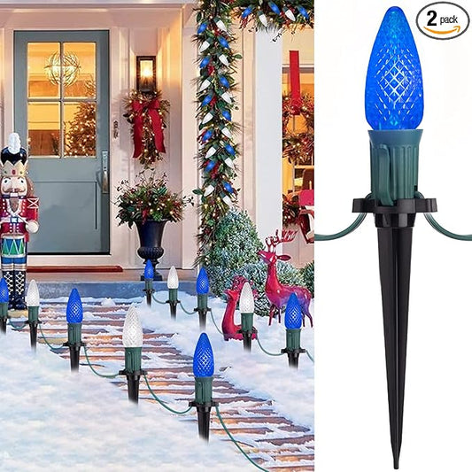 Christmas Pathway Lights Outdoor, 2 Pack 26 Ft 20 LED C9 Strawberry String Lights with Stakes, Connectable Waterproof Outside Christmas Lights Marker for Path, Lane, Patio Decor, Blue & Pure White