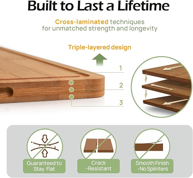 Bamboo Cutting Board, Durable Wood Cutting Boards for Kitchen with Deep Juice Grooves & Built-in Handles, Ideal Charcuterie & Chopping for Meat, Vegetables and Fruits Ideas Kitchen Gift for Home Cooks