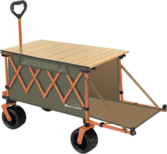 Whitsunday Collapsible Folding Wagon with Table, Heavy Duty Utility Beach Wagons with Opened Tailgate and All-Terrain Wheels for Camping,Garden,Sports (Max Orange)