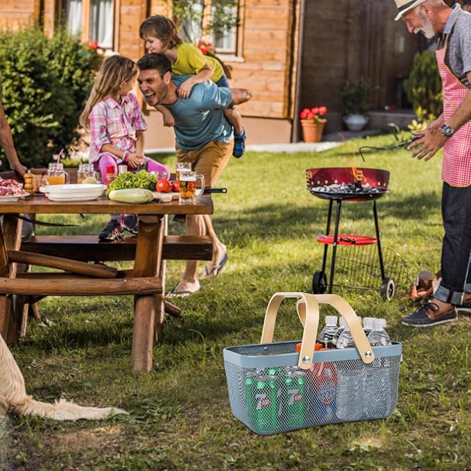 Portable Mesh Harvest Basket - Natural Bamboo Handle Foldable Organizer for Kitchen, Garden & Picnic | Ventilated Storage Bin with Rust-Proof Wire, Space-Saving Farmhouse Decor (Blue)