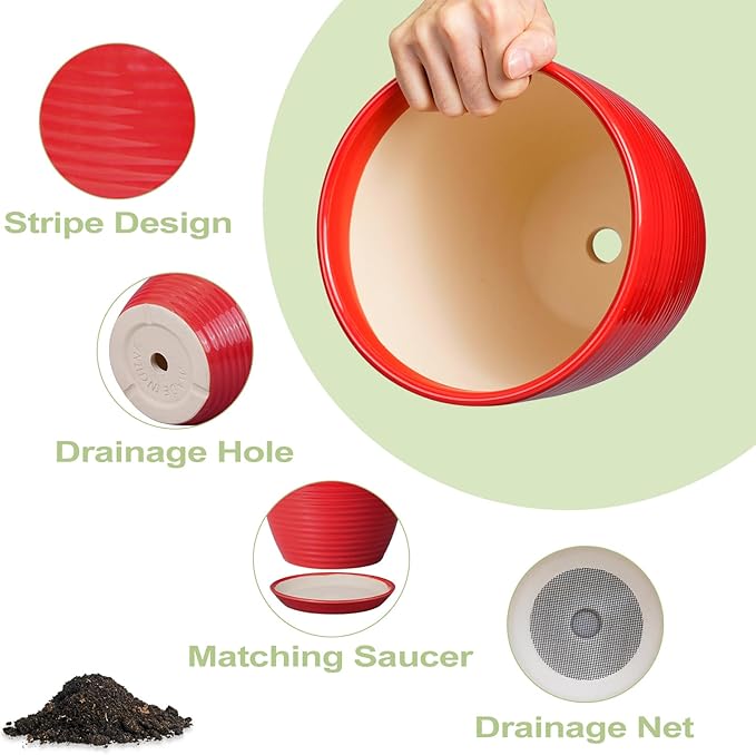 Ceramic Planter 10 Inch - Ceramic Pot for Plants Large Plant Pot Indoor with Drainage Hole and Saucer Round Outdoor Planter Modern Flower Pot for Garden House Red
