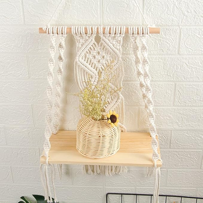 Mong Handmade Macrame Wall Hanging Shelf, Boho Indoor Rope Plant Pot Basket Hanger Holder, Rope Plant Hanger for Wall Decor Indoor Outdoor