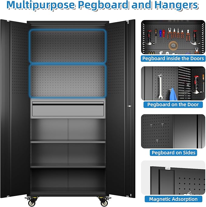 Metal Garage Cabinet with Wheels,71''H Rolling Lockable Steel Tool Cabinet with Pegboard & 1 Drawer for Garage,Home,Office Assembly Required,Black/Red