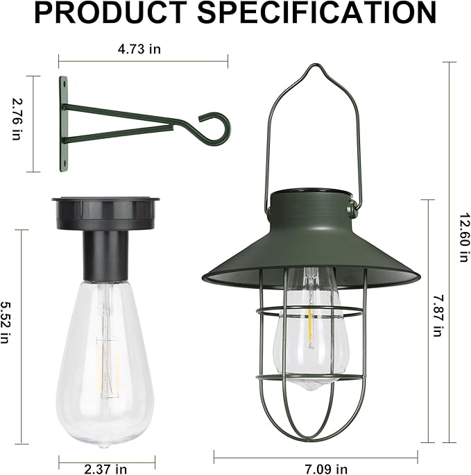 pearlstar Solar Lanterns Outdoor Metal Solar Powered Hanging Lights Waterproof for Wall Barn Yard Garden Patio Garage Balcony Porch Fence Decor, Warm White Edison Bulb (Green-2pack)