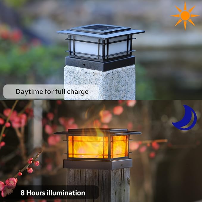 Dynaming 8 Pack Solar Flame Post Lights Outdoor, Solar Powered Fence Post Cap Lights, High Brightness Flickering Flame SMD LED Lighting Decor for Garden Deck Patio, 4x4, 5x5 or 6x6 Vinyl/Wooden Posts