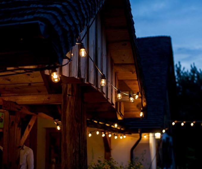 Hometown Evolution, Inc. 100' E26 Commercial LED Outdoor String Lights (100 Foot 50 Socket, S14 LED Filament 1 Watt Light Bulbs)