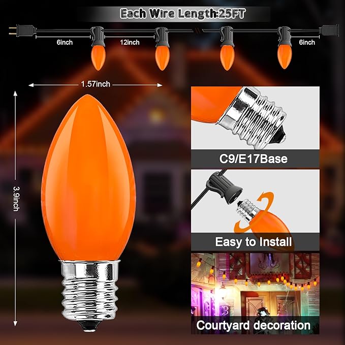 25FT LED Halloween Outdoor String Lights with 26 C9 Candle Shape Shatterproof Plastic Bulbs,2700K Waterproof Connectable Orange LED String Lights for Home Garden Halloween Christmas Fall Decor