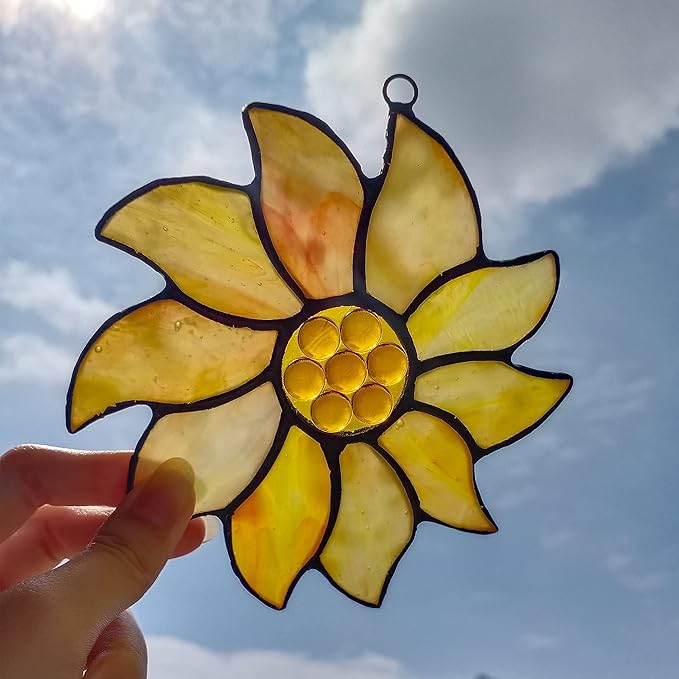 BOXCASA Farmhouse Summer Sunflower Stained Glass Window Hangings,Sunflower Lover Gifts for Women,Best Thank You Teacher Gift,Handmade Sunflower Art Decorations Gift for Mom Grandma Nana Aunt
