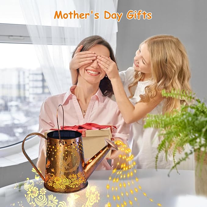 YJFWAL Solar Watering can with Lights, Unique Gifts for Mom Grandma Women Birthday, Waterproof Gardening Gifts Watering Can with Cascading Lights Outdoor Decor for Garden Patio Yard Pathway Backyard