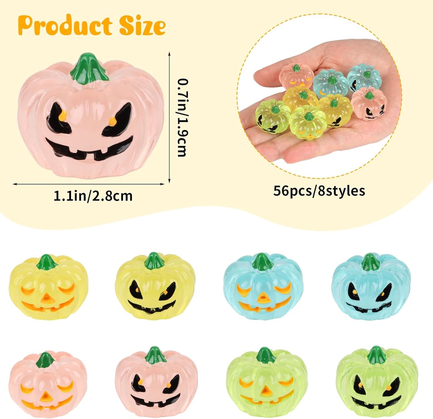 STEFORD 56 Pcs Luminous Resin Pumpkins, Halloween Miniature Figurines Glow in The Dark Mini Tiny Plastic Fake Pumpkin Bulk for Decorating Outside Outdoor DIY Crafts Home Fairy Garden Dollhouse Decor