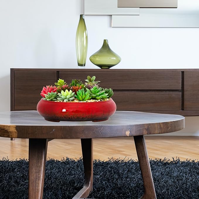 ARTKETTY Succulent Pots - 11.5 Inch Ceramic Bonsai Pots with Drainage, Large Shallow Succulent Planters for Indoor Outdoor Plants, Round Glazed Cactus Flower Plant Container Bowl Home Desk Decor(Red)