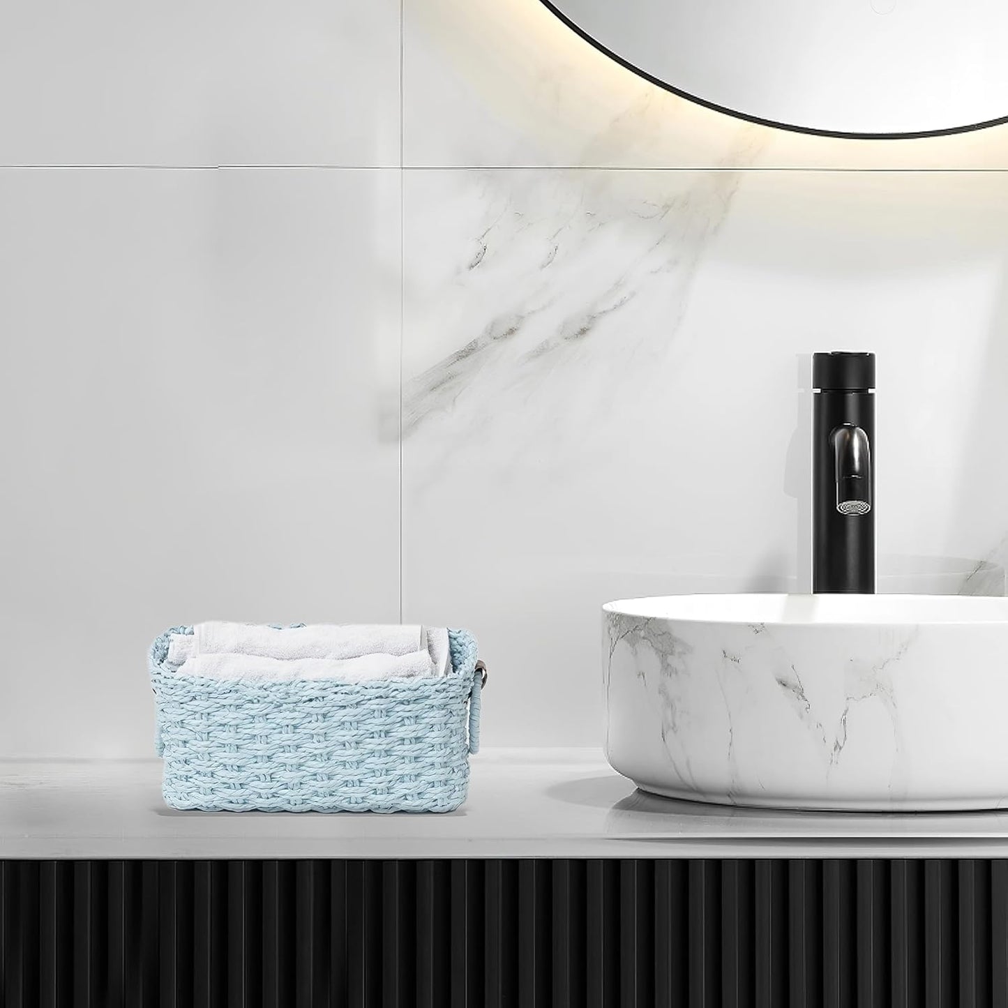 Small baskets for Organizing,Cute woven Storage basket with recycled paper rope for Shelves Bathroom,Little decorative basket,Set of 3 (Sky-Blue)