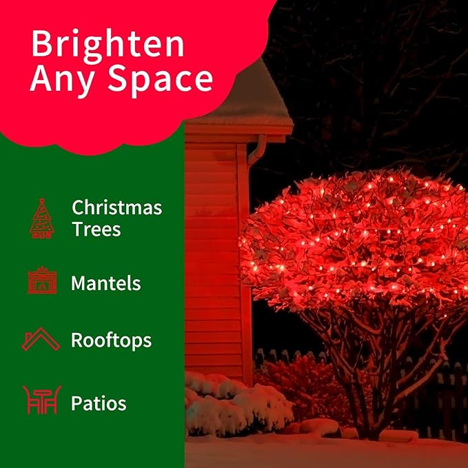 Ultra-Bright Connects End to End Red Christmas Mini Lights 100L 19.6Ft UL Listed Incandescent Bulb String Light Set for Indoor and Outdoor Holiday Garden Party Christmas Tree Garland Decor
