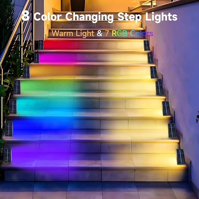 Solar Step Deck Lights Outdoor 20 Pack Solar Step Light, Waterproof Warm White/7 RGB Color Glow Solar Fence Lights for Yard, Patio, Garden, Walkways, Front Door, Pathway, Driveway