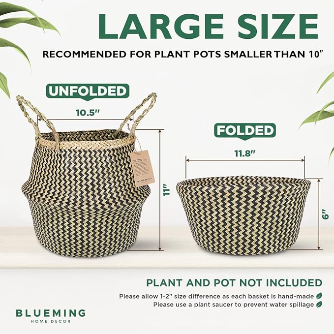 Plant Baskets – Large Seagrass Pot for Tall Indoor Faux Olive Tree, Woven Wicker Rattan Planter for Boho Basket 9-10 Inch (Black, Large)