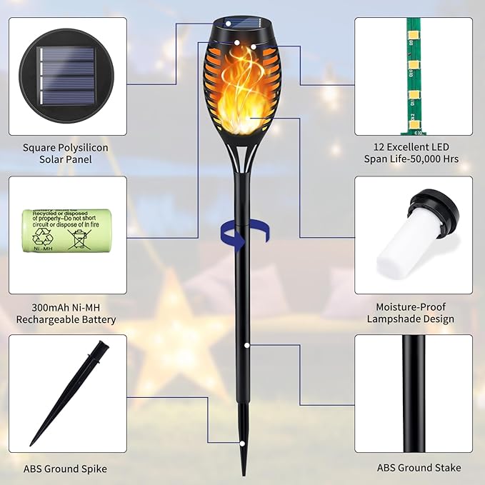 KYEKIO Solar Torch Light with Flickering Flame, 12Pack Solar Lights Outdoor, Waterproof Outdoor Lights for Yard Garden, Luces Solares para Exteriores, Tiki Torches for Outside Patio Decorations
