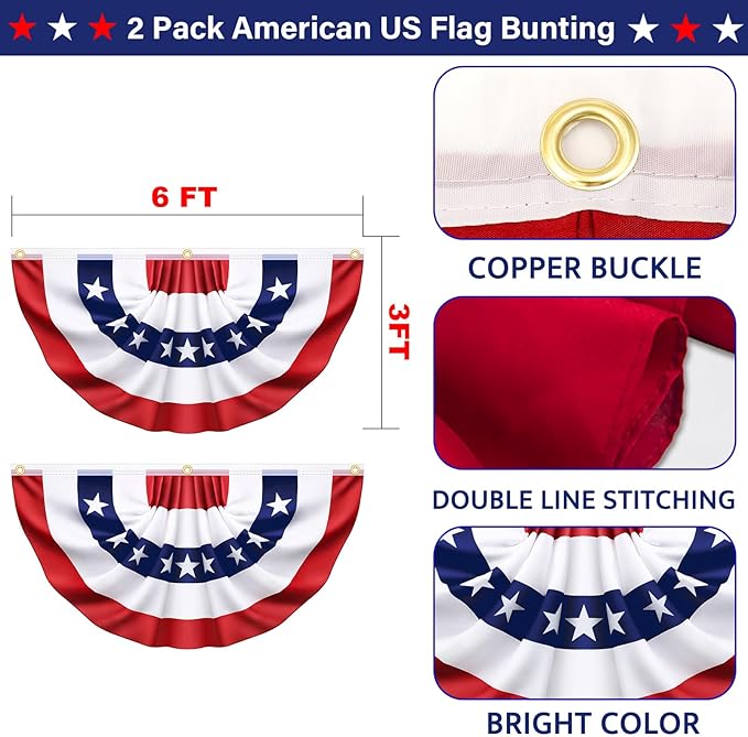 3x6 Ft 2 Pack American Pleated Fan Flag, Patriotic Half Fan Banner American Flag Decoration Bunting for Outside Red White and Blue Decor Independence Day Memorial Day 4th of july Decorations