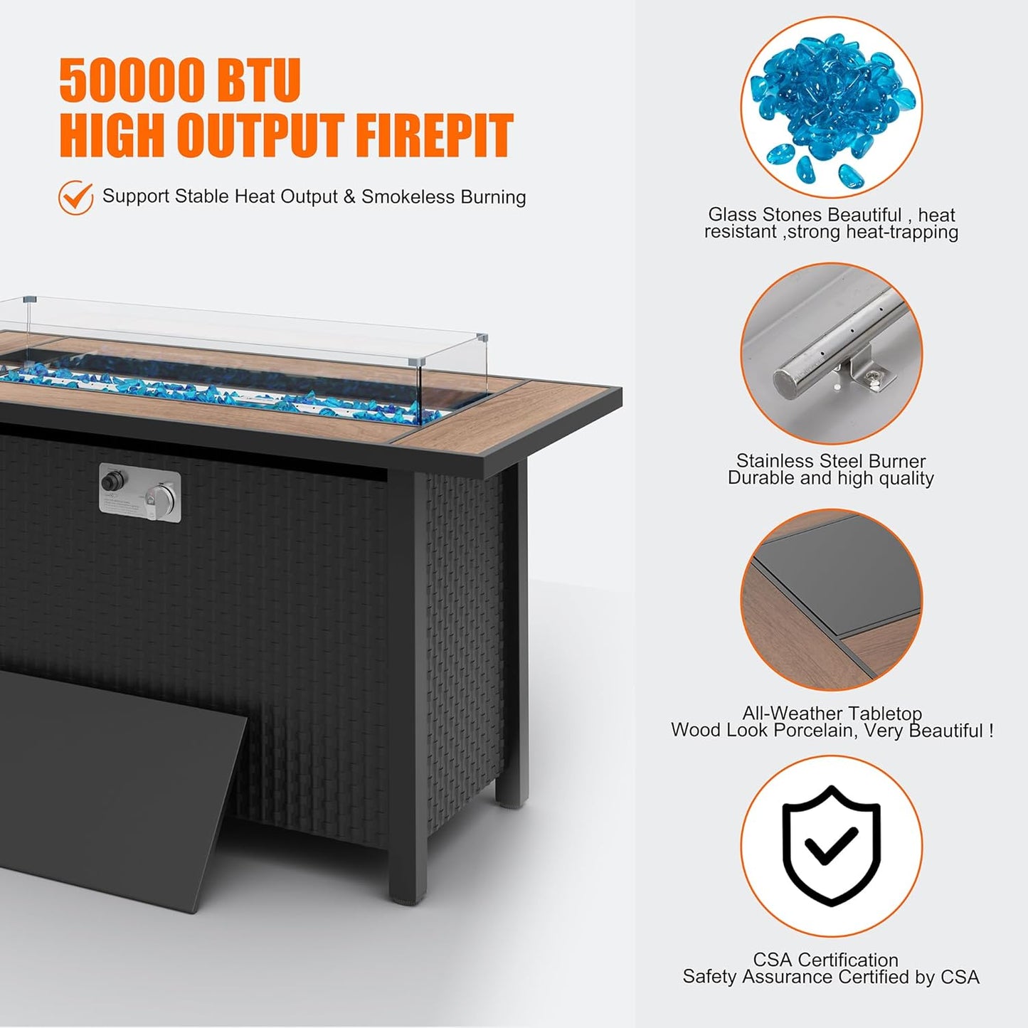 45 inch Outdoor Propane Fire Pit 50,000 BTU Gas Fire Pit Table with Walnut Tabletop, Glass Wind Guard, Waterproof Cover, Rectangle Gas Firepit Table for Garden/Patio,CSA Certification