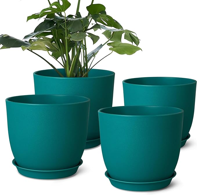 Plant Pots 8 Inch Set of 4, Flower Pots with Multi Mesh Drainage Holes, Planters for Indoor Outdoor Garden Plants and Flowers（Blue）