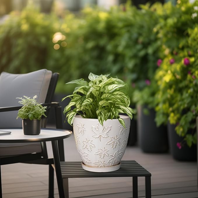 Ceramic Pots for Plants - 8 Inch Plant Pot with Drainage Hole and Saucer Large Planter Pot for Indoor Plants Outdoor Modern Flower Pot Home Decor White