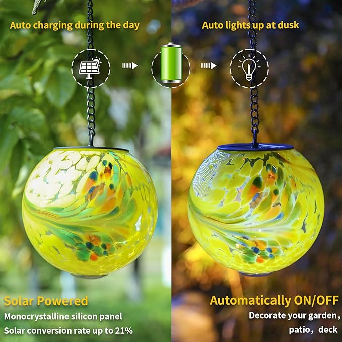 VCUTEKA Solar Hanging Lanterns Outdoor Decoration, Glass Solar Lights with Hook Up, Solar Garden Gazing Ball Light for Yard, Tree and Patio Decor, Yellow