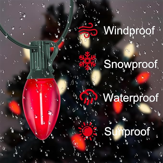 C7 LED Christmas Lights Outdoor, 25FT Red and Frosted White Christmas Lights with 27 LED Energy-Efficient Bulbs, Hanging Outdoor Decorations Vintage Christmas Lights for Party Tree Patio Garden Yard