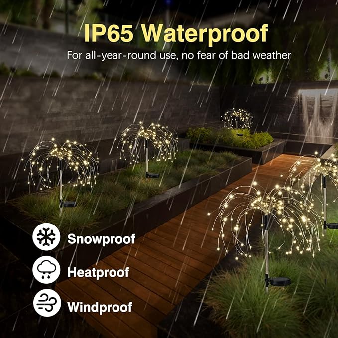 Firework Waterproof LED Solar Lights - 120 LED Outdoor warmer starburst garden decor with 8 modes