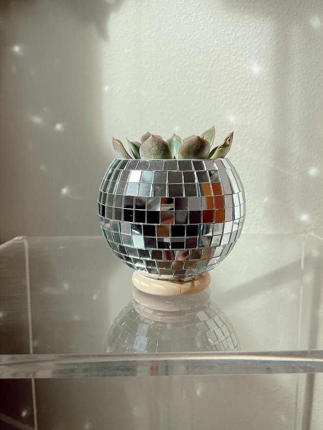 Hanging Disco Ball Planter 8" - with Acrylic Stand and Macrame Plant Hanger - Home Décor, Room Décor, Patio or Boho Décor, Mirror Disco Planter, Disco Decor (4" Mini with Base)
