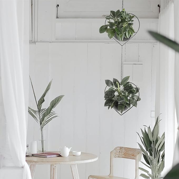 Hajia 2 Pack Heart Shaped Boho Hanging Plant Holder with 6inch Detachable Pot, Black Metal Wall Ceiling Plant Hanger for Indoor Outdoor, Minimalist Small Hanging Planter for Home Wedding Decor
