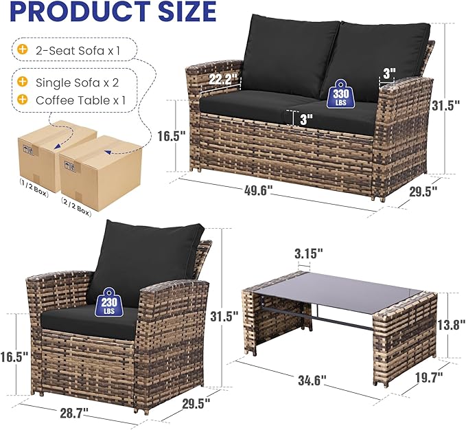 4 Piece Outdoor Patio Furniture Set,Wicker Conversation Sets Outdoor Sectional Patio Sofa Couch with Cushions & Coffee Table for Outside, Garden, Balcony, Porch,Yellow/Black