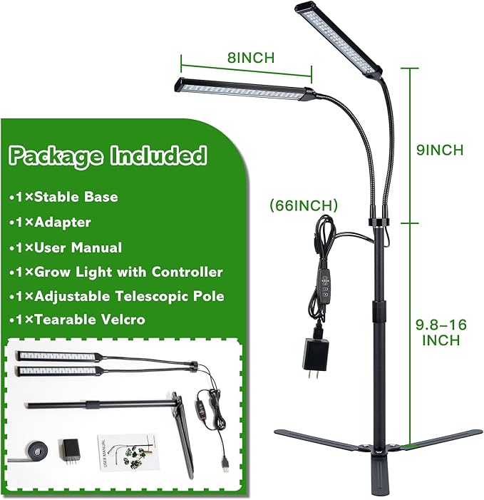 Grow Lights for Indoor Plants, Full Spectrum LED Tabletop Plant Lights for Indoor Growing, Dual-Head Gooseneck Plant Lamp with 5 Dimmable & Auto On/Off 4/8/12/18H Timer, Height Adjustable 9.8-25''